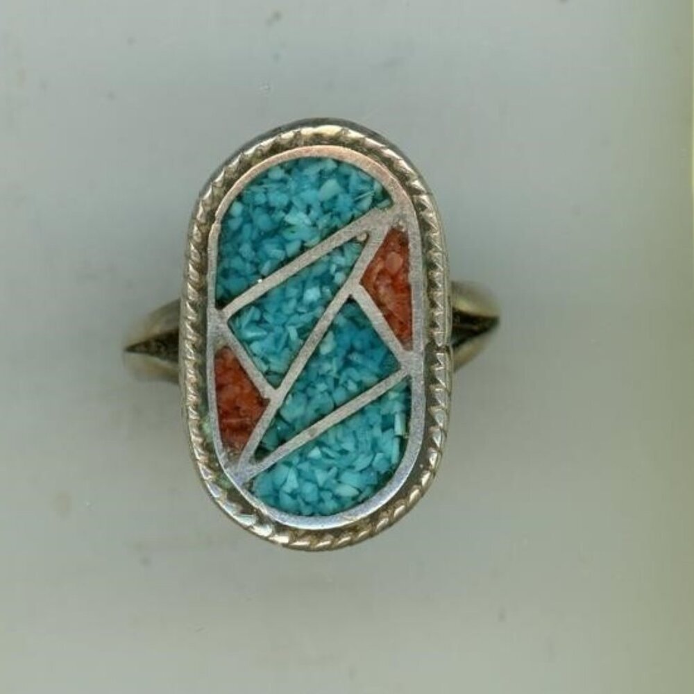 Southwest Style Silver Turquoise and Coral Ring